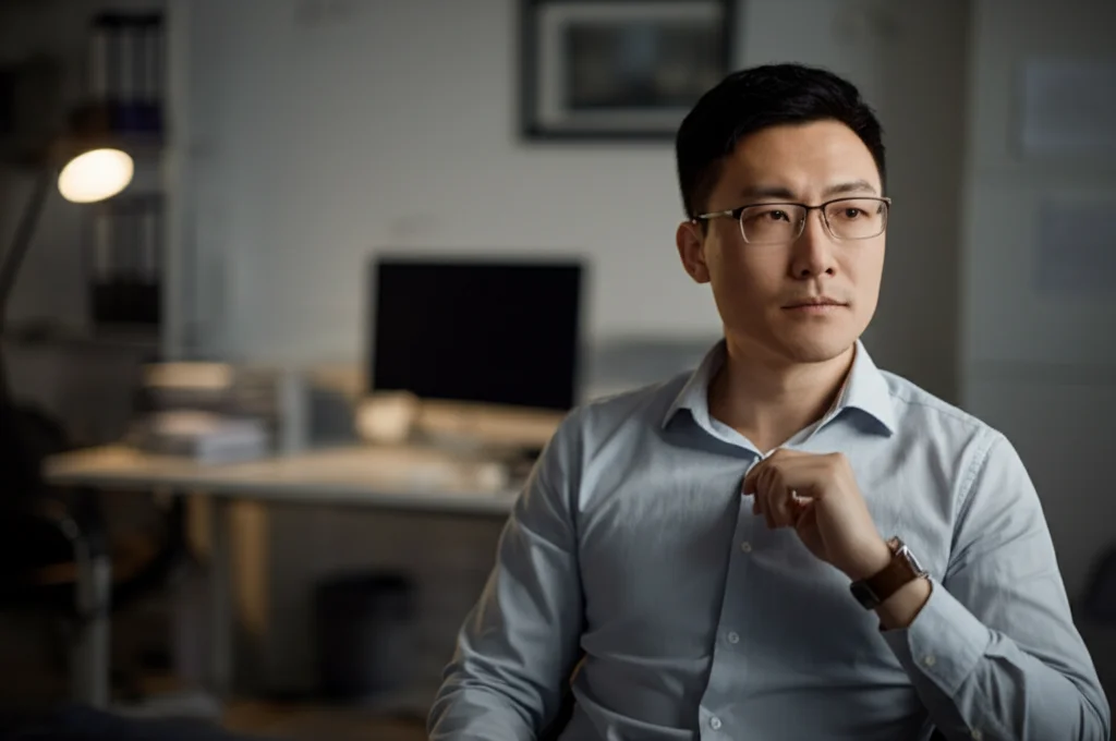 Ritratto di un uomo cinese eterosessuale sposato, aspetto riflessivo e leggermente preoccupato, in un contesto clinico discreto e moderno, obiettivo 50mm prime, profondità di campo ridotta per isolare il soggetto, toni neutri e luce morbida laterale.