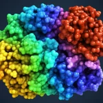 Visualizzazione 3D fotorealistica dell'interazione molecolare tra il composto SM-3 e la proteina mTOR nel suo sito attivo, evidenziando i legami idrogeno e le interazioni van der Waals. Illuminazione controllata stile macro lens 80mm, alto dettaglio, sfondo scuro per enfasi.