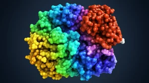 Visualizzazione 3D fotorealistica dell'interazione molecolare tra il composto SM-3 e la proteina mTOR nel suo sito attivo, evidenziando i legami idrogeno e le interazioni van der Waals. Illuminazione controllata stile macro lens 80mm, alto dettaglio, sfondo scuro per enfasi.