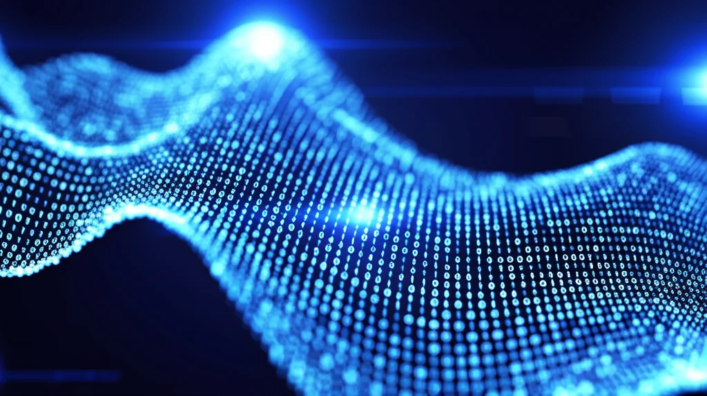 Visualizzazione astratta di onde sonore che si trasformano in pattern di dati binari complessi su uno schermo digitale, rappresentando la decodifica del linguaggio dal suono al significato, illuminazione high-tech, colori blu elettrico e argento duotone, obiettivo 50mm, profondità di campo ridotta.