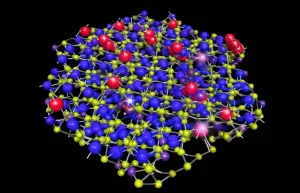 Visualizzazione fotorealistica di un monostrato di dicalcogenuro di metallo di transizione fase 1T con la struttura a Stella di David sovrapposta, con elettroni stilizzati che mostrano localizzazione a causa delle interazioni di Mott. Obiettivo macro 85mm, alta definizione, illuminazione drammatica che enfatizza la struttura 2D e gli effetti quantistici.