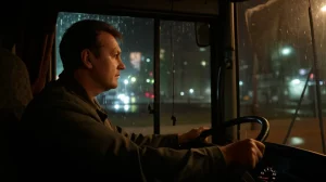 Autista di autobus visto di profilo, concentrato sulla guida notturna in una strada cittadina illuminata dalla pioggia battente sul parabrezza, si intravede stanchezza e tensione sul suo volto parzialmente illuminato dalle luci del cruscotto. Fotografia cinematografica, obiettivo 50mm, effetto 'film noir' con forti contrasti tra luci e ombre, grana della pellicola visibile, atmosfera malinconica e stressante.