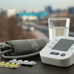 Fotografia realistica di uno sfigmomanometro digitale che mostra una lettura di pressione alta (es. 150/95 mmHg), appoggiato su un tavolo di legno scuro accanto a un bicchiere d'acqua e un blister di pillole. Sullo sfondo, una finestra lascia intravedere un paesaggio urbano sfocato del Kazakistan. Obiettivo macro 100mm, alta definizione, illuminazione laterale morbida, profondità di campo ridotta per isolare lo strumento.