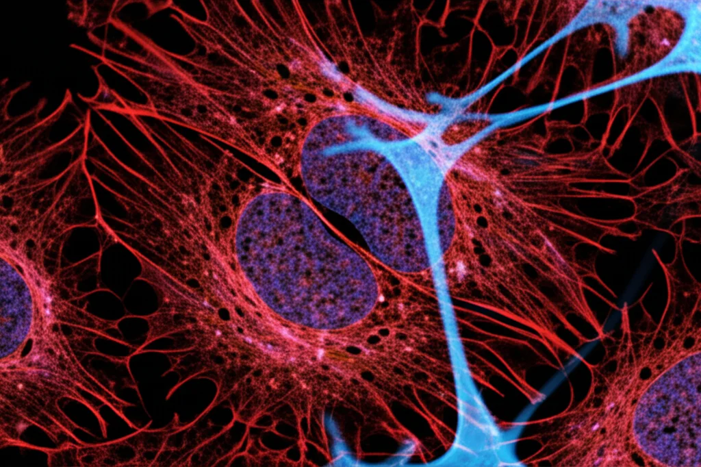 Immagine concettuale che fonde una micrografia di cellule di carcinoma mammario micropapillare con pattern astratti di reti neurali digitali luminose. Lente macro 60mm, alto dettaglio, illuminazione controllata per evidenziare sia le strutture cellulari sia le linee digitali, profondità di campo ridotta per creare un effetto artistico ma realistico.