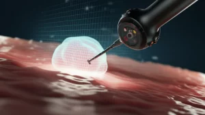 Immagine concettuale fotorealistica: un endoscopio stilizzato che illumina un polipo del colon, con sovrapposte linee di codice AI o una griglia neurale che lo segmentano con precisione. Obiettivo macro, 70mm, illuminazione drammatica interna che evidenzia il polipo, alta definizione, sfondo scuro e sfocato.