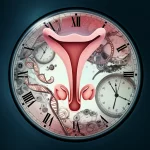 Immagine fotorealistica concettuale, lente da 24 mm ad angolo largo, che mostra una rappresentazione astratta di organi riproduttivi femminili intrecciati con ingranaggi di orologi e filamenti di DNA, simboleggiando il legame tra endometriosi e invecchiamento cellulare, focus acuto, illuminazione controllata.