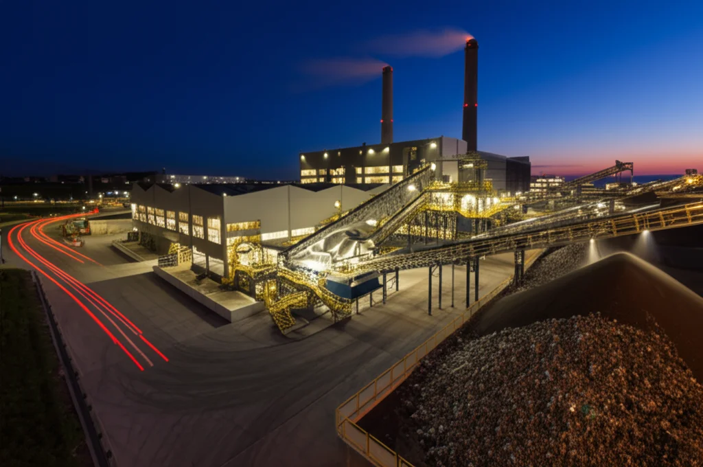 Impianto di termovalorizzazione moderno e pulito visto dall'alto al crepuscolo, con nastri trasportatori che movimentano rifiuti urbani verso l'area di combustione. Luci industriali accese, fotografia grandangolare 18mm, lunga esposizione per scie luminose, messa a fuoco nitida sull'intero impianto, concetto di waste-to-energy.