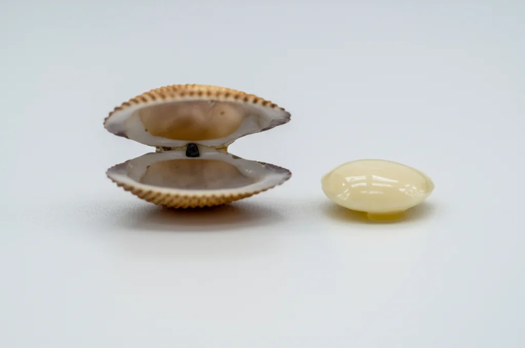 Primo piano fotorealistico di un guscio di vongola aperto accanto a un piccolo campione lucido di biocomposito osseo color avorio, su un tavolo da laboratorio pulito, illuminazione morbida e controllata, obiettivo macro 60mm, alta definizione, focus selettivo sul campione di composito.