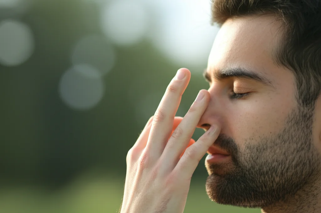 Ritratto sereno di un giovane adulto che pratica Nadi Shuddhi Pranayama (respirazione a narici alternate). Le dita della mano destra sono posizionate delicatamente sul naso (pollice sulla narice destra, anulare sulla sinistra), occhi chiusi con espressione calma e concentrata. Luce naturale morbida che illumina il viso da un lato, creando ombre delicate. Sfondo leggermente sfocato per mantenere il focus sul soggetto. Obiettivo prime 50mm, profondità di campo ridotta, atmosfera di tranquillità e mindfulness.