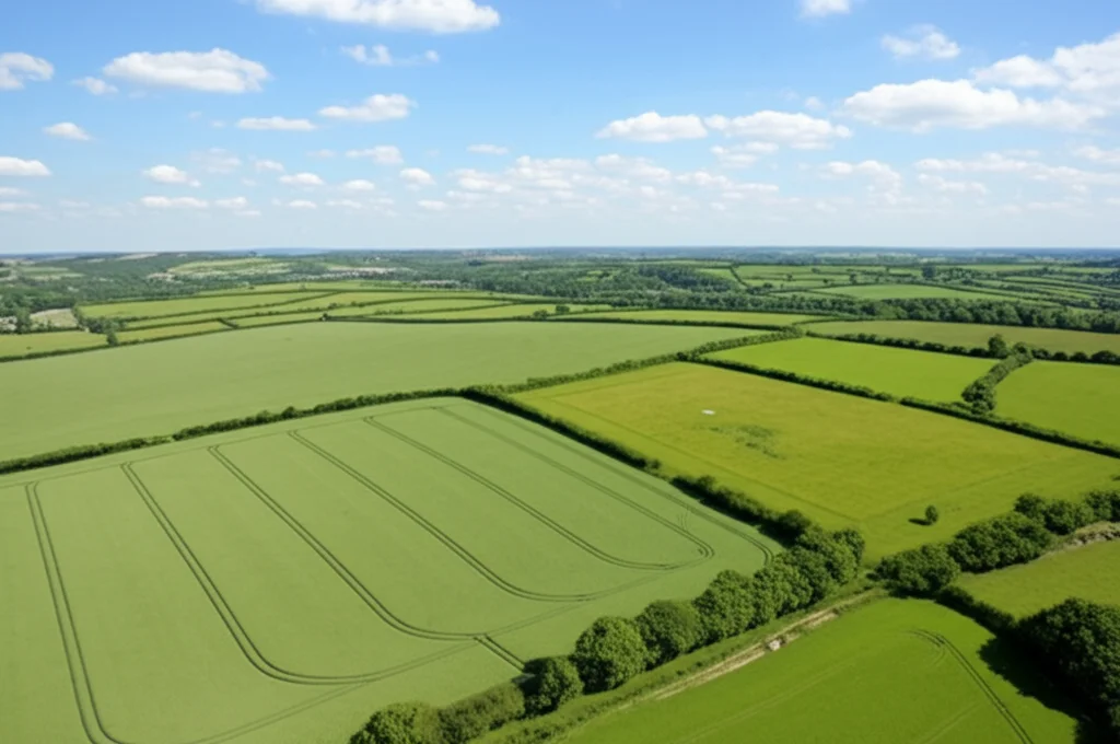 Veduta aerea di un paesaggio rurale britannico con campi verdi, boschi e siepi ben definite, ripresa con obiettivo grandangolare 24mm in una giornata di sole con qualche nuvola sparsa, luce naturale brillante, che simboleggia l'oggetto degli studi ecologici a lungo termine di Bunce.