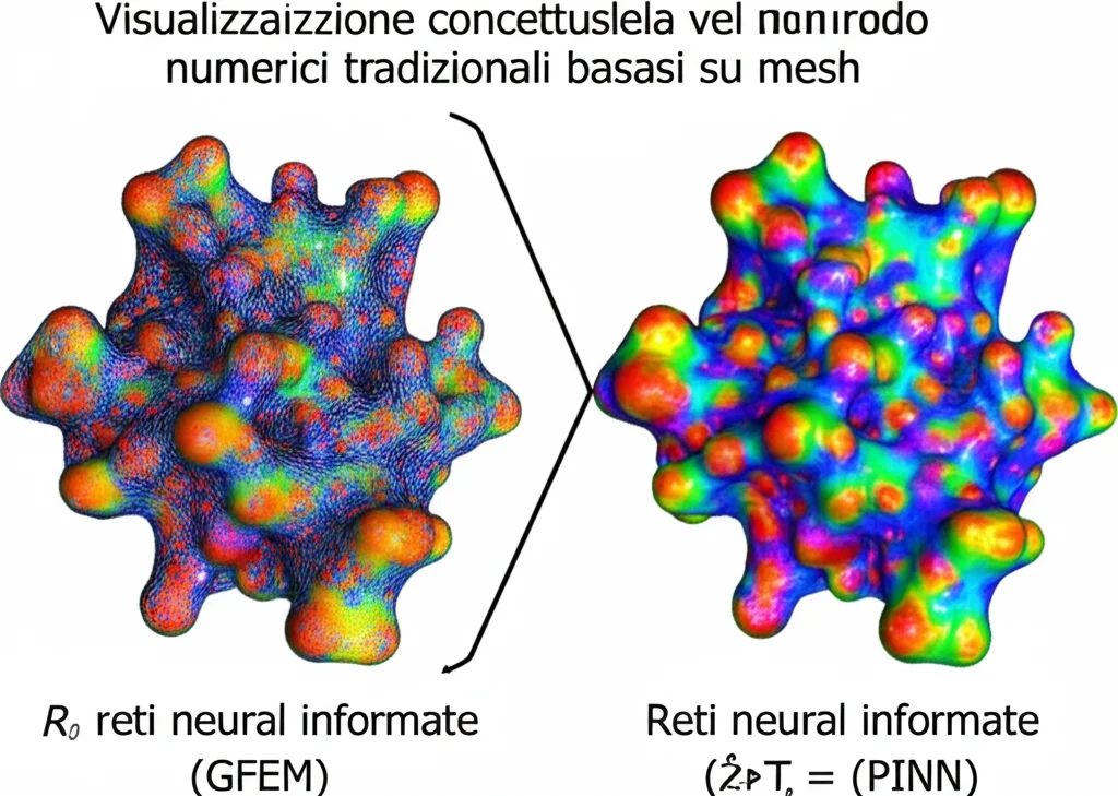 Visualizzazione concettuale del confronto tra metodi numerici tradizionali basati su mesh (GFEM) e reti neurali informate dalla fisica (PINN) per la soluzione di equazioni differenziali complesse, stile fotorealistico con profondità di campo e illuminazione drammatica.