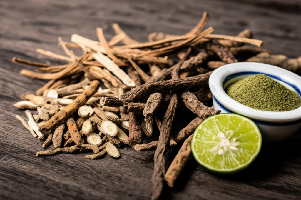 Composizione still life fotorealistica delle 14 erbe essiccate (radici e steli) che compongono la formula tradizionale tailandese Ya-Kao, disposte artisticamente su una superficie di legno scuro rustico. Accanto, una piccola ciotola di ceramica contenente la polvere macinata del rimedio e mezzo lime fresco. Lente macro 85mm, luce naturale laterale morbida e controllata per esaltare la texture e i dettagli delle erbe.