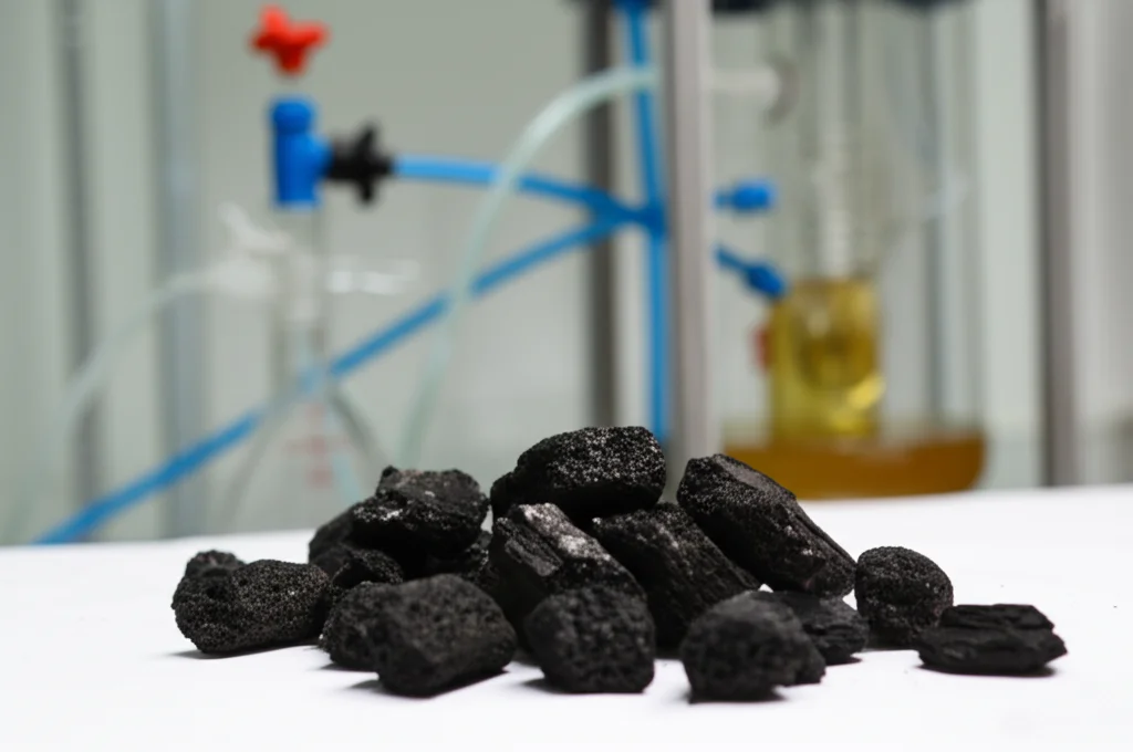 Fotografia still life in un ambiente di laboratorio luminoso: in primo piano, pezzi neri e porosi di biochar derivato da noce di cocco re (King Coconut) attivati chimicamente, disposti su una superficie pulita. Sullo sfondo, leggermente sfocata, si intravede una colonna di vetro per adsorbimento a letto fisso, con tubi collegati, suggerendo l'esperimento di purificazione dell'acqua. Illuminazione controllata laterale che evidenzia la texture del biochar, obiettivo macro 85mm, alta definizione, focus selettivo sul biochar in primo piano.