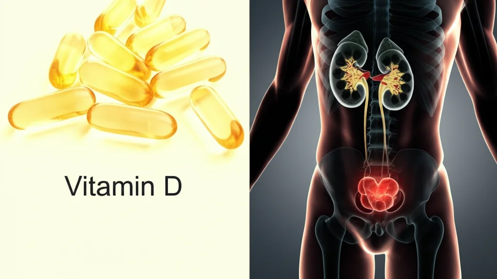 Immagine concettuale che contrappone la percezione positiva della vitamina D (sole, capsule di integratori luminose su sfondo chiaro) al rischio nascosto nelle malattie granulomatose (un'immagine stilizzata e più scura di calcoli renali o un rene infiammato). Prime lens, 35mm, depth of field per separare i due concetti.