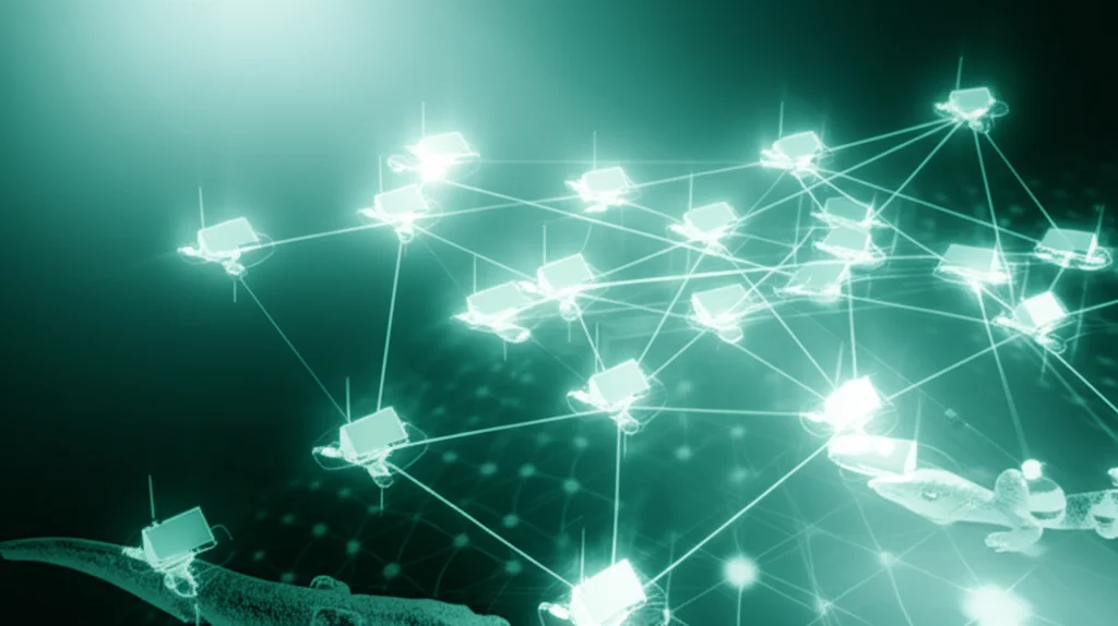 Immagine concettuale di una rete di sensori wireless (WSN) ottimizzata. Si vedono nodi sensore luminosi collegati in cluster efficienti. Sullo sfondo, stilizzazioni astratte evocano l'agilità di una gazzella e la strategia di un rettile, fondendosi. Prime lens, 35mm, depth of field, duotone ciano e verde acqua, illuminazione high-tech.