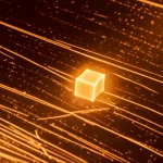 Immagine fotorealistica di un singolo punto quantico di seleniuro di cadmio (CdSe) che emette un brillante fotone di luce arancione, sospeso all'interno di una matrice polimerica trasparente (PMMA). Illuminazione drammatica laterale che evidenzia la particella, dettaglio estremo sulla struttura quasi cristallina, obiettivo macro 105mm, sfondo scuro e scientificamente astratto.