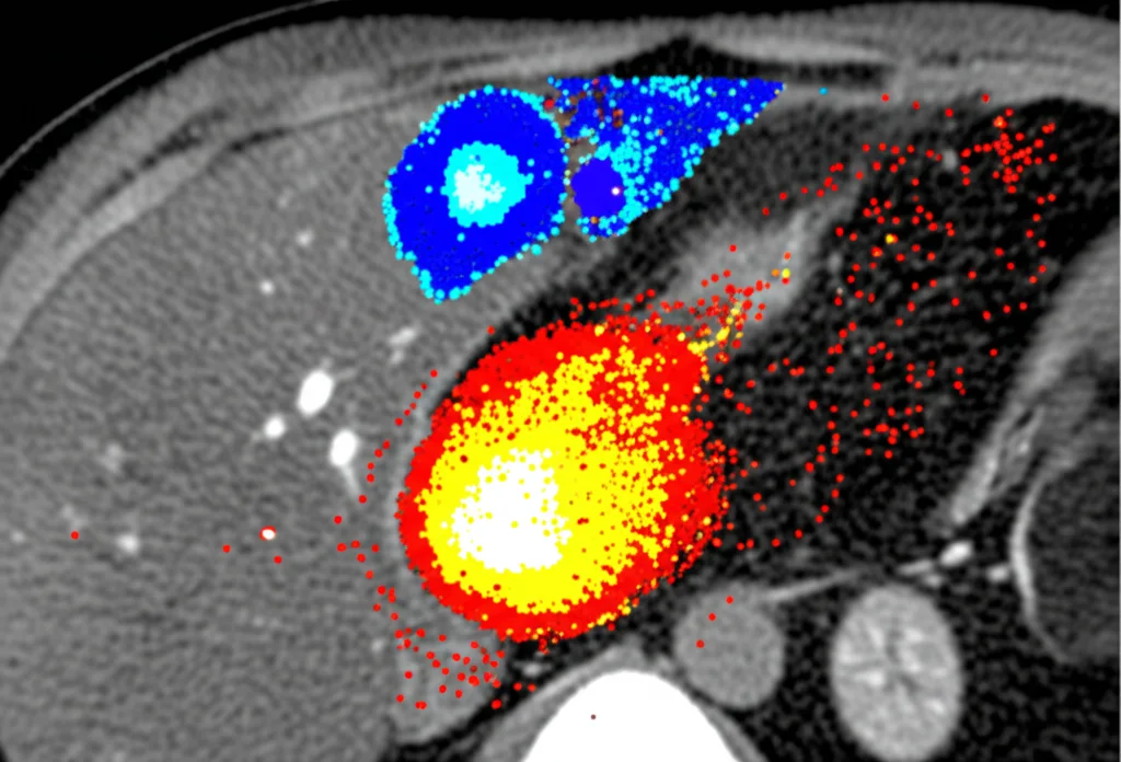 Immagine medica avanzata che mostra una fusione di scansioni PET/MRI del fegato durante una procedura di radioembolizzazione, evidenziando la distribuzione delle microsfere Y-90 nel tumore e nel tessuto sano, wide-angle lens 24mm, sharp focus, high detail, colori vivaci per le mappe di dose.