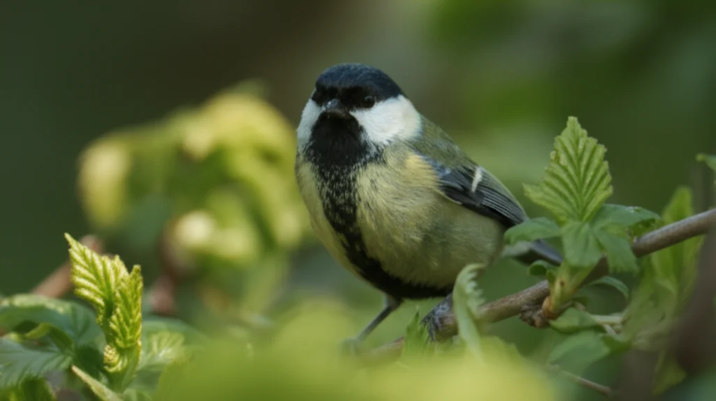 Ritratto fotorealistico di una cincia mora (Parus major) che guarda attentamente verso la fotocamera, appollaiata tra il fogliame primaverile nel bosco di Wytham. Obiettivo a focale fissa (es. 85mm), profondità di campo ridotta, messa a fuoco nitida sull'occhio dell'uccello, colori naturali vibranti, luce mattutina soffusa.