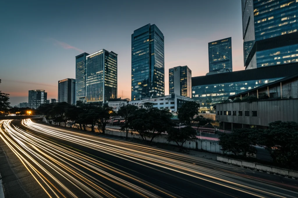 Un panorama urbano dinamico di una metropoli dell'Asia Meridionale al tramonto, che simboleggia crescita e opportunità imprenditoriali. Wide-angle lens, 15mm, long exposure per catturare le scie luminose del traffico sulle strade trafficate, sharp focus sugli edifici moderni e illuminati che si stagliano contro un cielo dai colori caldi e intensi.
