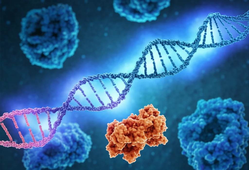 Visualizzazione astratta con obiettivo macro da 60mm, alta definizione, messa a fuoco precisa e illuminazione controllata, della proteina CRISPR-CasΦ che interagisce con un filamento di DNA luminoso e una molecola amplificatrice separata, enfatizzando l'interazione molecolare alla base della tecnologia TCC.