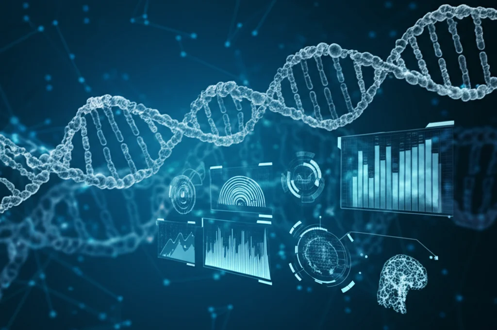 Visualizzazione concettuale astratta che collega la lattilazione (sfere luminose su filamenti di DNA stilizzati) al machine learning (reti neurali digitali) e ai risultati clinici del cancro al seno (grafici prognostici), sfondo blu scuro, high detail, stile futuristico.