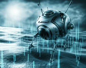 Visualizzazione concettuale high-tech di un micro-robot che naviga in un ambiente biologico stilizzato, guidato da linee di dati luminose che rappresentano l'algoritmo di controllo HAOARSO, obiettivo 50mm, profondità di campo, colori blu e argento duotone.