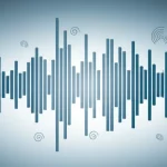 Immagine concettuale che mostra onde sonore stilizzate trasformarsi in un diagramma visivo semplice (linee e cerchi) su uno sfondo che sfuma da un orecchio a un occhio. Illuminazione drammatica, stile grafico moderno, colori blu e grigio duotone.
