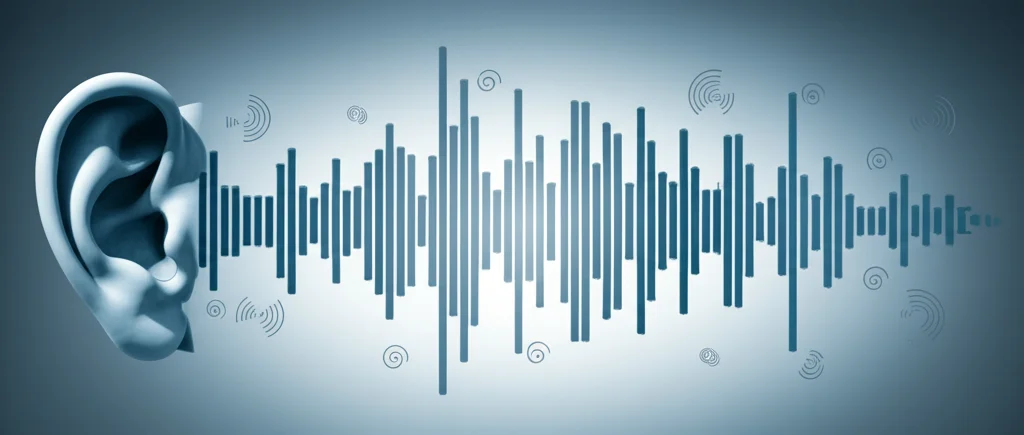 Immagine concettuale che mostra onde sonore stilizzate trasformarsi in un diagramma visivo semplice (linee e cerchi) su uno sfondo che sfuma da un orecchio a un occhio. Illuminazione drammatica, stile grafico moderno, colori blu e grigio duotone.