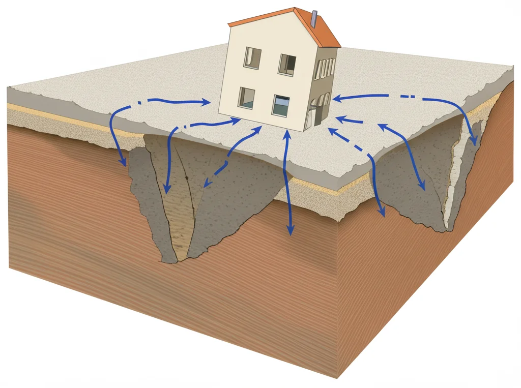 Immagine fotorealistica concettuale che mostra una sezione trasversale del terreno con una caverna salina sotterranea. Frecce curve indicano la convergenza delle pareti della caverna e frecce sulla superficie mostrano la subsidenza del terreno risultante, che è visibilmente asimmetrica. In superficie, piccole crepe stilizzate appaiono vicino a una struttura edilizia leggermente inclinata. Obiettivo 35mm, profondità di campo per mantenere a fuoco sia il sottosuolo che la superficie.