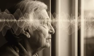 Immagine fotorealistica del profilo di una persona anziana che guarda pensierosa fuori da una finestra, con sovrapposte deboli e astratte forme d'onda EEG luminose. Stile ritratto 35mm, profondità di campo che sfoca lo sfondo, duotono caldo seppia e grigio per simboleggiare la memoria e l'analisi neurologica.