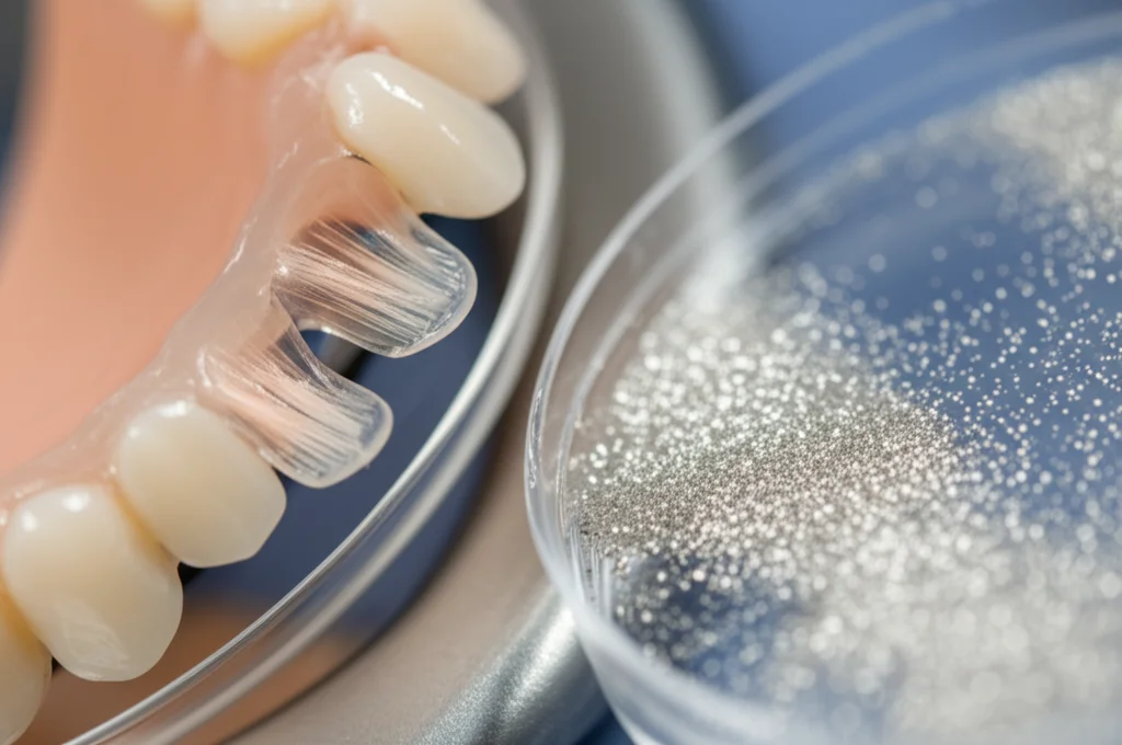Immagine fotorealistica, obiettivo macro 80mm. Un ponte dentale provvisorio in PMMA traslucido rinforzato con microfibre di vetro visibili, appoggiato su un vassoio dentale sterile. Accanto, una piccola piastra di Petri contenente polvere di nanoparticelle d'argento scintillanti. Alto dettaglio, messa a fuoco precisa sulle texture, illuminazione controllata da studio dentistico, sfondo leggermente sfocato.