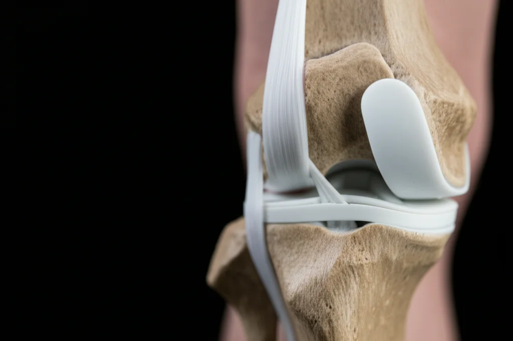 Immagine medica fotorealistica che mostra una sezione sagittale di un ginocchio con protesi monocompartimentale, evidenziando il Legamento Crociato Anteriore (LCA) sotto tensione a causa di un'elevata Pendenza Tibiale Posteriore (PTS) durante la fase iniziale di un affondo. Utilizzare una lente macro 90mm con profondità di campo ridotta per focalizzare sul legamento teso e sull'interfaccia osso-protesi, illuminazione da studio controllata che crea ombre morbide per dare tridimensionalità.