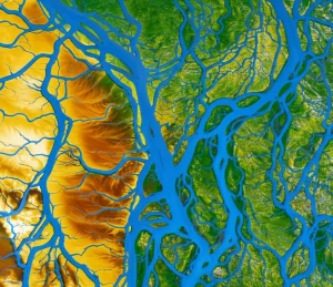 Immagine satellitare ad alta risoluzione di un delta fluviale complesso con molteplici canali (anastomizzati o anabranched), che mostra la dinamica dell'acqua e la topografia circostante. Obiettivo grandangolare 20mm, focus nitido, colori naturali.
