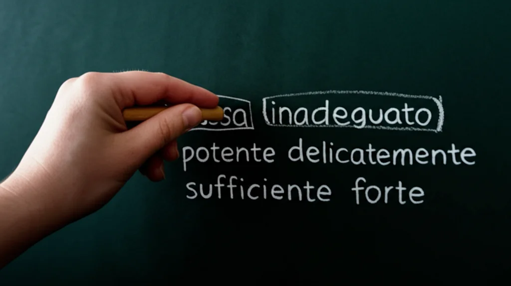 Immagine simbolica potente: una mano cancella delicatamente una parola negativa ("grassa", "inadeguato") scritta su una lavagna o un foglio, sostituendola con una parola positiva ("forte", "sufficiente"). Obiettivo macro 100mm, messa a fuoco precisa sull'azione della cancellazione/riscrittura, illuminazione drammatica ma speranzosa per enfatizzare la trasformazione.
