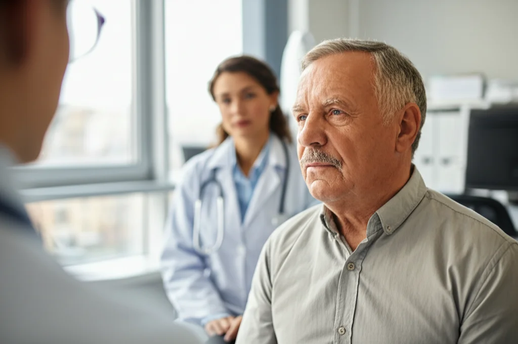 Ritratto empatico di un paziente di mezza età durante una visita medica post-trattamento per cancro testa-collo, luce naturale soffusa dalla finestra, obiettivo 35mm, profondità di campo, espressione riflessiva ma speranzosa, medico in ascolto sullo sfondo sfocato.