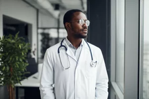 Ritratto fotografico professionale di un medico pensieroso di origine africana, in camice bianco, guarda fuori da una finestra di un ufficio moderno. Luce naturale soffusa, profondità di campo, obiettivo 35mm, stile cinematografico.