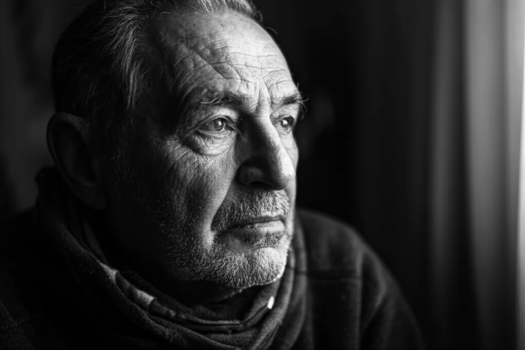 Ritratto intenso di un uomo anziano con ipertensione che guarda con speranza verso la luce. Obiettivo prime 50mm, profondità di campo ridotta per focalizzare sul volto, bianco e nero con forti contrasti (film noir style) per enfatizzare la resilienza interiore e la dimensione spirituale.