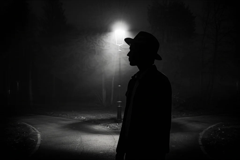 Silhouette di un giovane pensieroso davanti a un bivio stradale illuminato da un lampione, simboleggiando le scelte e le conseguenze della giustizia minorile, stile film noir, prime lens 35mm, bianco e nero.