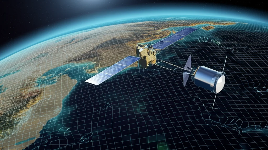 Fotografia astronomica, un satellite per l'altimetria radar orbita sopra l'oceano Pacifico visto dallo spazio, con una debole visualizzazione artistica del campo gravitazionale terrestre sotto forma di griglia deformata sulla superficie dell'acqua, obiettivo grandangolare 20mm, messa a fuoco nitida, alta definizione, luce solare radente che illumina parzialmente la Terra.