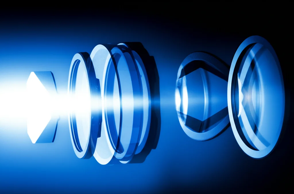 Immagine astratta ad alta tecnologia che mostra un fascio di luce focalizzato che attraversa una serie di lenti ottiche stilizzate, rappresentando il processo di messa a fuoco e deblurring, obiettivo prime 35mm, profondità di campo ridotta, duotone blu e argento.