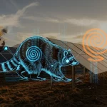 Immagine fotorealistica di un impianto fotovoltaico all'avanguardia situato su un altopiano montuoso al tramonto, con i pannelli che riflettono gli ultimi raggi di sole. In sovrimpressione, una visualizzazione grafica stilizzata di un procione (linee blu esplorative) e un nibbio (spirali arancioni focalizzate) che lavorano insieme per ottimizzare un flusso di energia digitale. Wide-angle lens, 20mm, long exposure, smooth clouds, colori caldi del tramonto, sharp focus.
