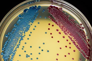 Immagine fotorealistica di una piastra di coltura batterica sotto l'obiettivo di un microscopio in un laboratorio di microbiologia clinica, obiettivo macro 90mm, alta definizione delle colonie batteriche colorate, illuminazione controllata e precisa focalizzata sulla piastra.