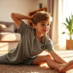 Un adolescente che fa stretching sul tappeto del soggiorno, con la luce del sole che entra dalla finestra, creando un'atmosfera calda e positiva. Fotografia di persone, obiettivo 50mm, profondità di campo media, colori caldi e naturali.