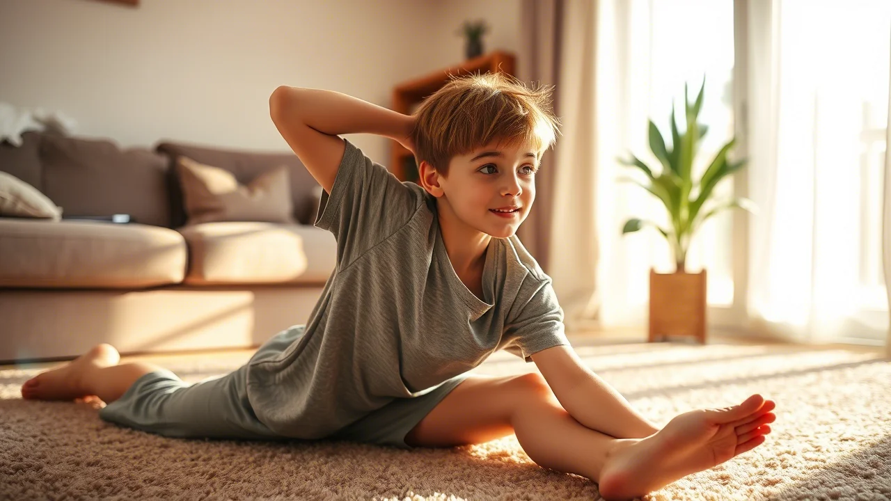 Un adolescente che fa stretching sul tappeto del soggiorno, con la luce del sole che entra dalla finestra, creando un'atmosfera calda e positiva. Fotografia di persone, obiettivo 50mm, profondità di campo media, colori caldi e naturali.