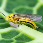 Vespa parassitoide Cotesia glomerata mentre depone le uova in un bruco di Pieris brassicae su una foglia di cavolo Brassica oleracea, fotografia macro 100mm, alta definizione, messa a fuoco precisa sull'azione, illuminazione controllata, sfondo leggermente sfocato per enfatizzare il soggetto.