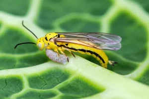 Vespa parassitoide Cotesia glomerata mentre depone le uova in un bruco di Pieris brassicae su una foglia di cavolo Brassica oleracea, fotografia macro 100mm, alta definizione, messa a fuoco precisa sull'azione, illuminazione controllata, sfondo leggermente sfocato per enfatizzare il soggetto.