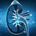 Visualizzazione 3D astratta di un nomogramma medico fluttuante sopra un'immagine stilizzata di un rene umano, con linee di dati che convergono verso punti prognostici. Colori blu e argento high-tech, illuminazione drammatica, concetto di medicina predittiva personalizzata.