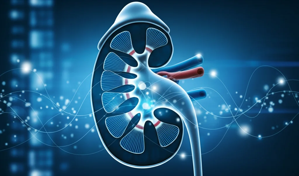 Visualizzazione 3D astratta di un nomogramma medico fluttuante sopra un'immagine stilizzata di un rene umano, con linee di dati che convergono verso punti prognostici. Colori blu e argento high-tech, illuminazione drammatica, concetto di medicina predittiva personalizzata.