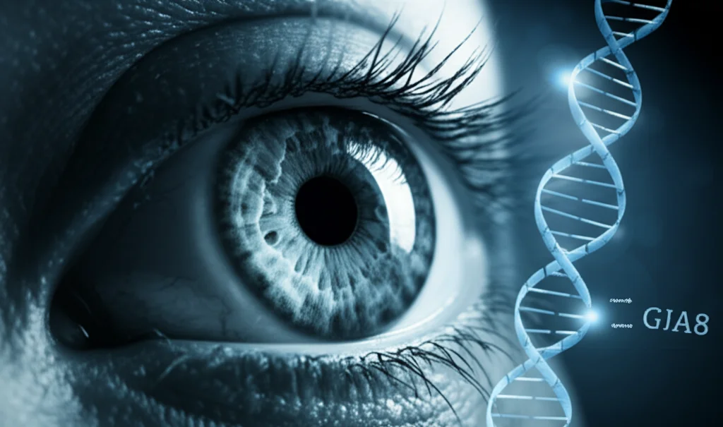 Visualizzazione concettuale fotorealistica di un occhio umano dettagliato con sovrapposta una rappresentazione stilizzata della doppia elica del DNA e del gene GJA8. Illuminazione drammatica laterale, obiettivo 35mm, profondità di campo media per mantenere a fuoco sia l'occhio che gli elementi genetici, toni freddi blu e argento.