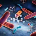 Visualizzazione fotorealistica di batteri Streptococcus pneumoniae sotto attacco da parte di diverse molecole di antibiotici di nuova generazione, rappresentate come particelle luminose, obiettivo prime 50mm, profondità di campo ridotta per focalizzare l'attenzione sull'interazione, illuminazione drammatica con contrasti forti.